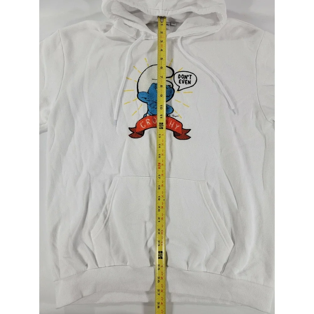 VTG The SMURFS White Hoodie Patch Appliqué Graphic GROUCHY Sweatshirt Adult Sz L